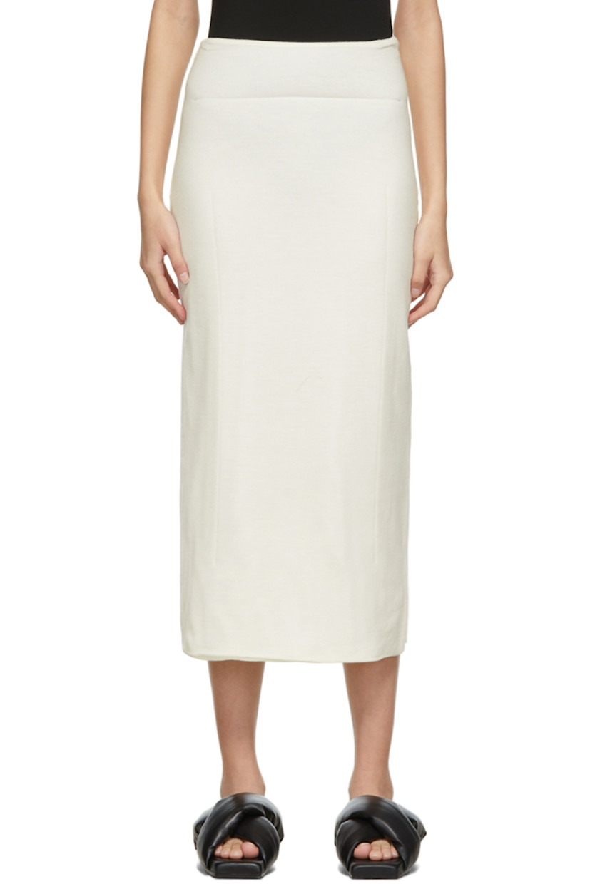 Paneled insulated wool jersey and rib knit wool mid-length skirt in off-white.

· Mid-rise
· Elasticized waistband
· Vent at front hem

Supplier color: Off-white/White
