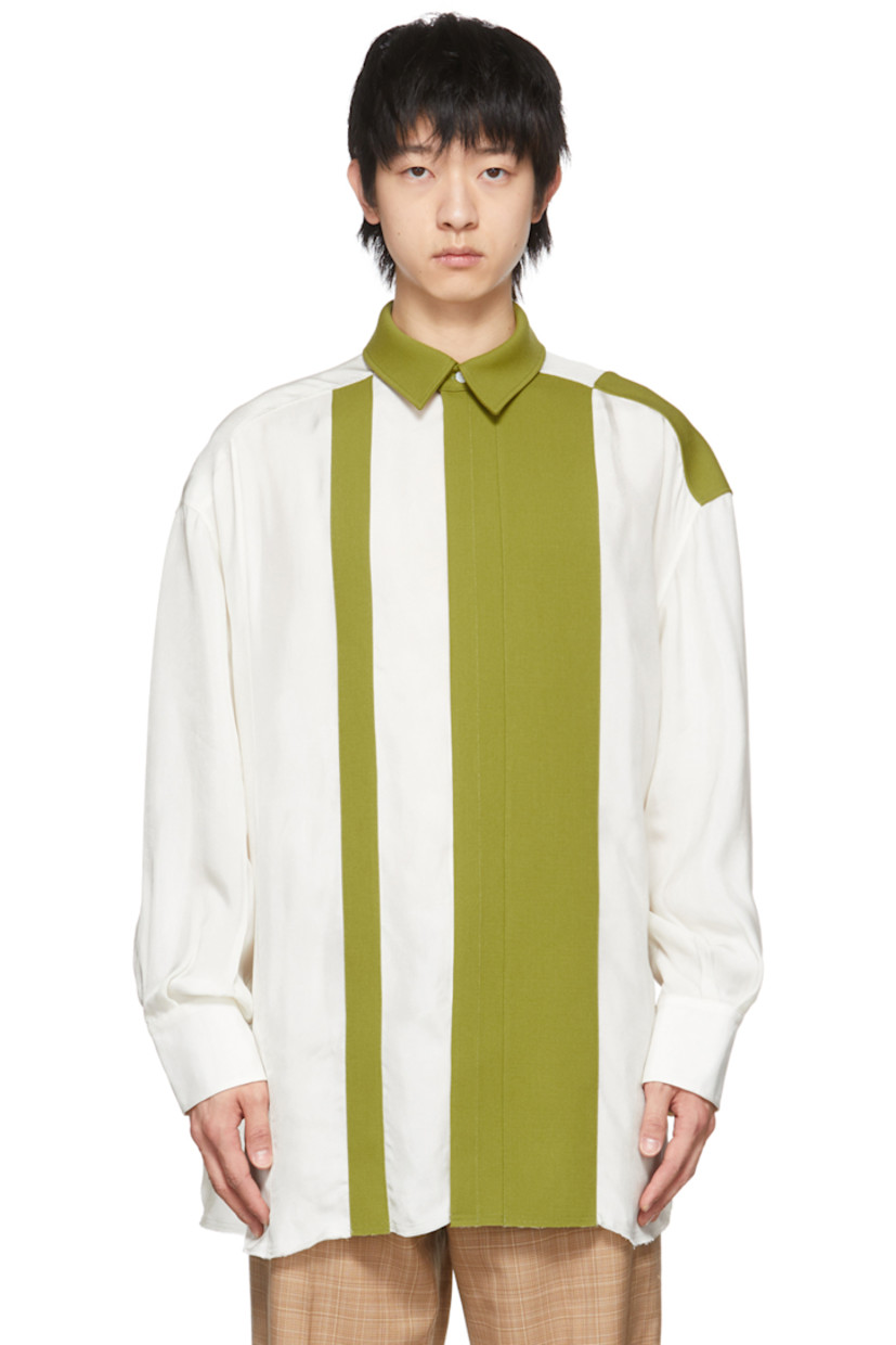 Viscose twill shirt. Viscose crepe trim in green throughout. 

· Spread collar
· Concealed button closure
· Raw edge at shirttail hem
· Two-button barrel cuffs
· Keeper loop at back yoke
· Logo-engraved mother-of-pearl hardware

Available exclusively at SSENSE. 

Supplier color: Off white/Chartreuse