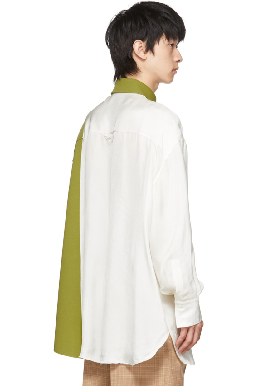 Viscose twill shirt. Viscose crepe trim in green throughout. 

· Spread collar
· Concealed button closure
· Raw edge at shirttail hem
· Two-button barrel cuffs
· Keeper loop at back yoke
· Logo-engraved mother-of-pearl hardware

Available exclusively at SSENSE. 

Supplier color: Off white/Chartreuse