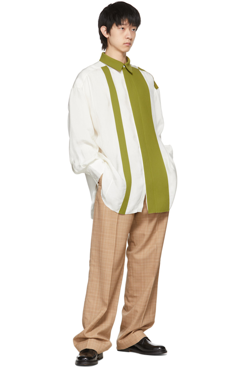 Viscose twill shirt. Viscose crepe trim in green throughout. 

· Spread collar
· Concealed button closure
· Raw edge at shirttail hem
· Two-button barrel cuffs
· Keeper loop at back yoke
· Logo-engraved mother-of-pearl hardware

Available exclusively at SSENSE. 

Supplier color: Off white/Chartreuse