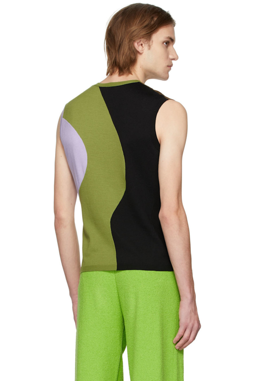 Sleeveless knit wool tank top colorblocked in multicolor. Rib knit crewneck collar, armscyes, and hem. 

Available exclusively at SSENSE.

Supplier color: Dark multicolor