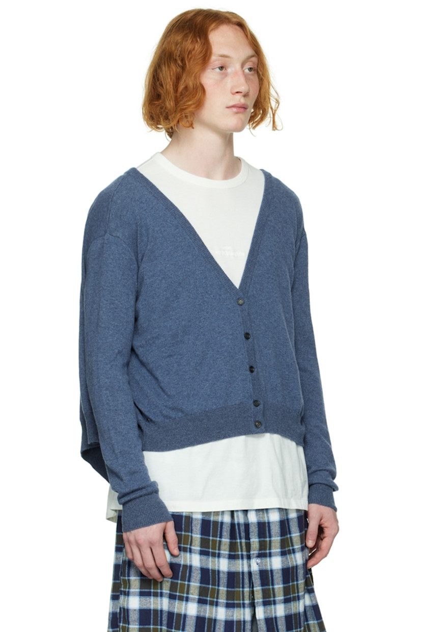 Knit cashmere cardigan. 

· Rib knit Y-neck, cuffs, and hem
· Button closure
· Extended back for alternate styling

Supplier color: Denim blue