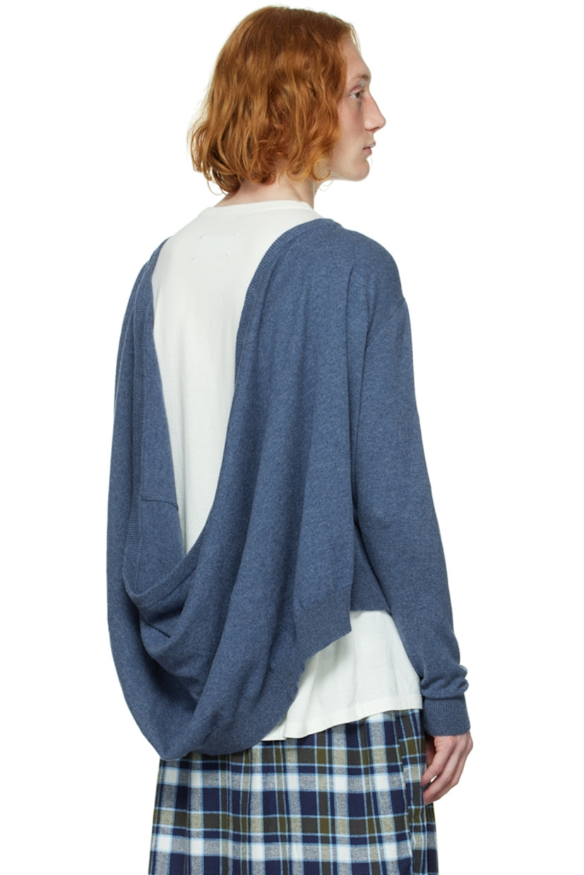Knit cashmere cardigan. 

· Rib knit Y-neck, cuffs, and hem
· Button closure
· Extended back for alternate styling

Supplier color: Denim blue