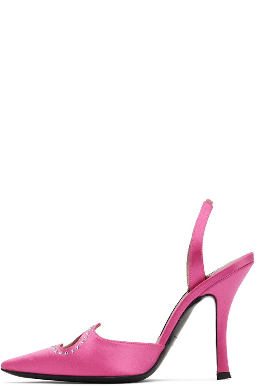 Satin heels in pink. 

· Pointed toe
· Cut-out and crystal-cut accents at vamp
· Partially elasticized slingback strap
· Logo patch at grained leather footbed
· Covered stiletto heel with rubber injection
· Buffed leather sole
· Heel: H4 in

Supplier color: Pink
