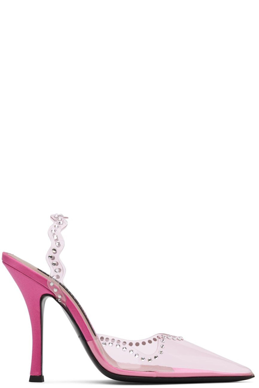 Transparent PVC and satin heels in pink. Crystal-cut accents throughout.

· Pointed toe
· Slingback strap
· Logo patch at grained leather footbed
· Covered stiletto heel with rubber injection
· Buffed leather sole
· Heel: H4 in

Supplier color: Pink