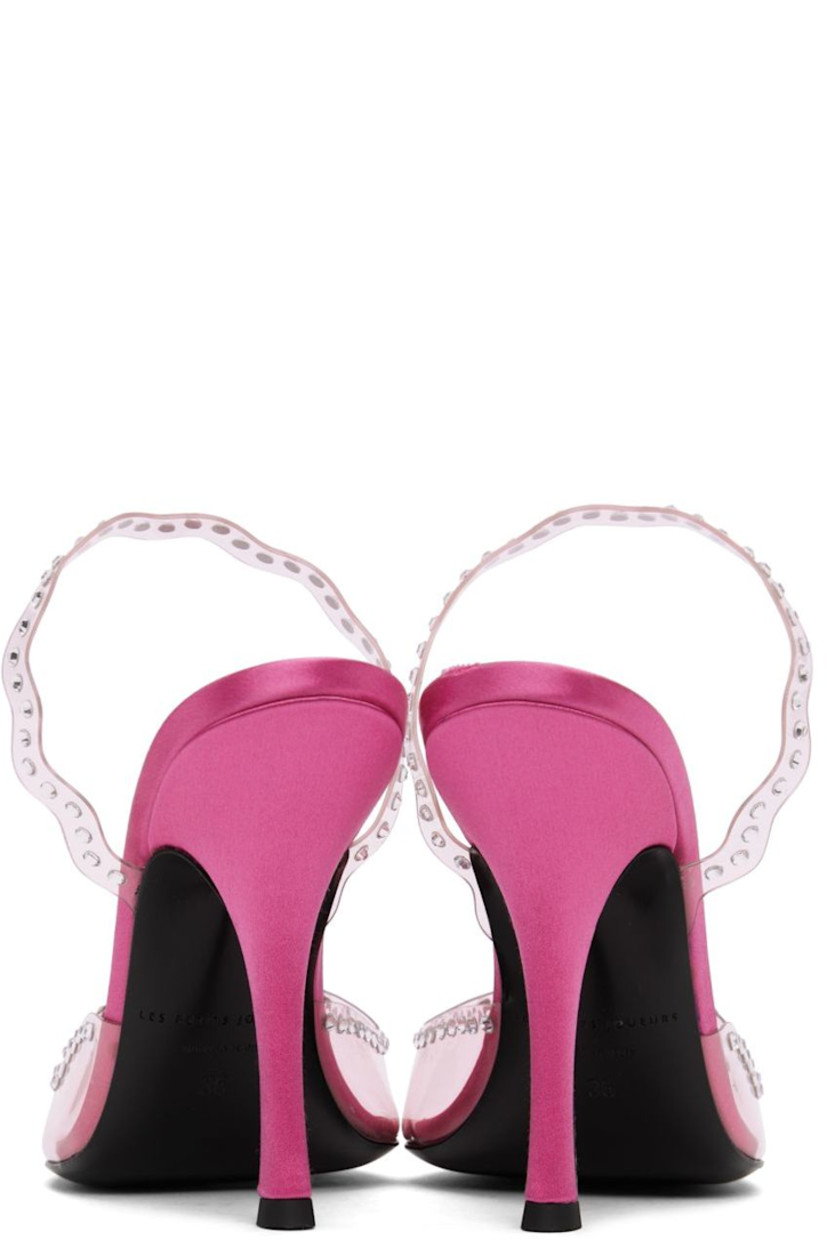 Transparent PVC and satin heels in pink. Crystal-cut accents throughout.

· Pointed toe
· Slingback strap
· Logo patch at grained leather footbed
· Covered stiletto heel with rubber injection
· Buffed leather sole
· Heel: H4 in

Supplier color: Pink