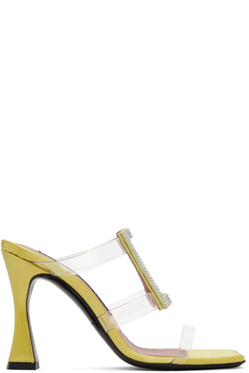 Satin slip-on heeled sandals in green.

· Open square toe
· Transparent PVC straps
· Crystal-cut accents at vamp
· Logo patch at grained sheepskin footbed
· Covered stiletto heel with rubber injection
· Buffed calfskin sole
· Heel: H4 in

Supplier color: Lime