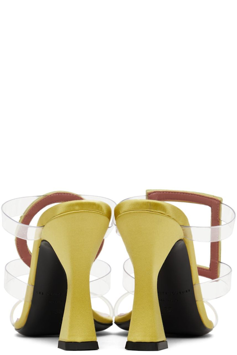 Satin slip-on heeled sandals in green.

· Open square toe
· Transparent PVC straps
· Crystal-cut accents at vamp
· Logo patch at grained sheepskin footbed
· Covered stiletto heel with rubber injection
· Buffed calfskin sole
· Heel: H4 in

Supplier color: Lime