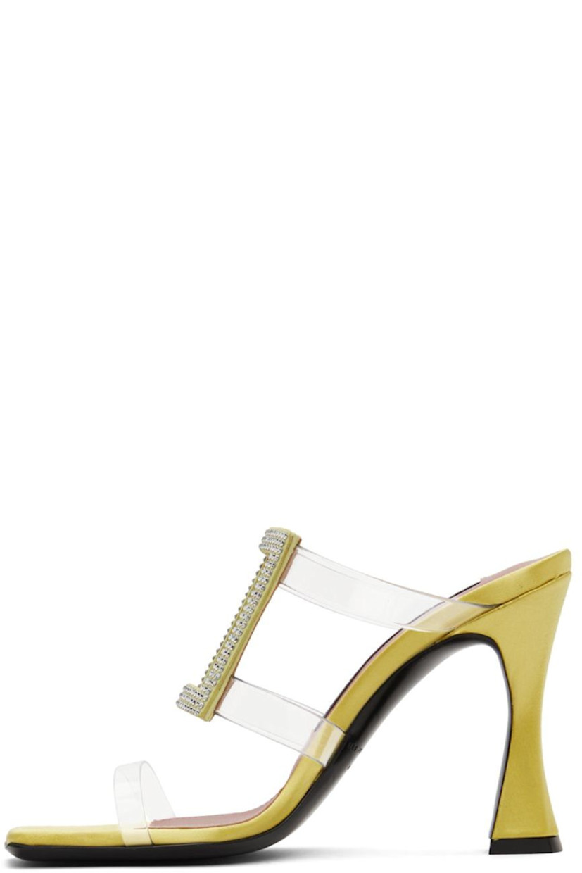 Satin slip-on heeled sandals in green.

· Open square toe
· Transparent PVC straps
· Crystal-cut accents at vamp
· Logo patch at grained sheepskin footbed
· Covered stiletto heel with rubber injection
· Buffed calfskin sole
· Heel: H4 in

Supplier color: Lime