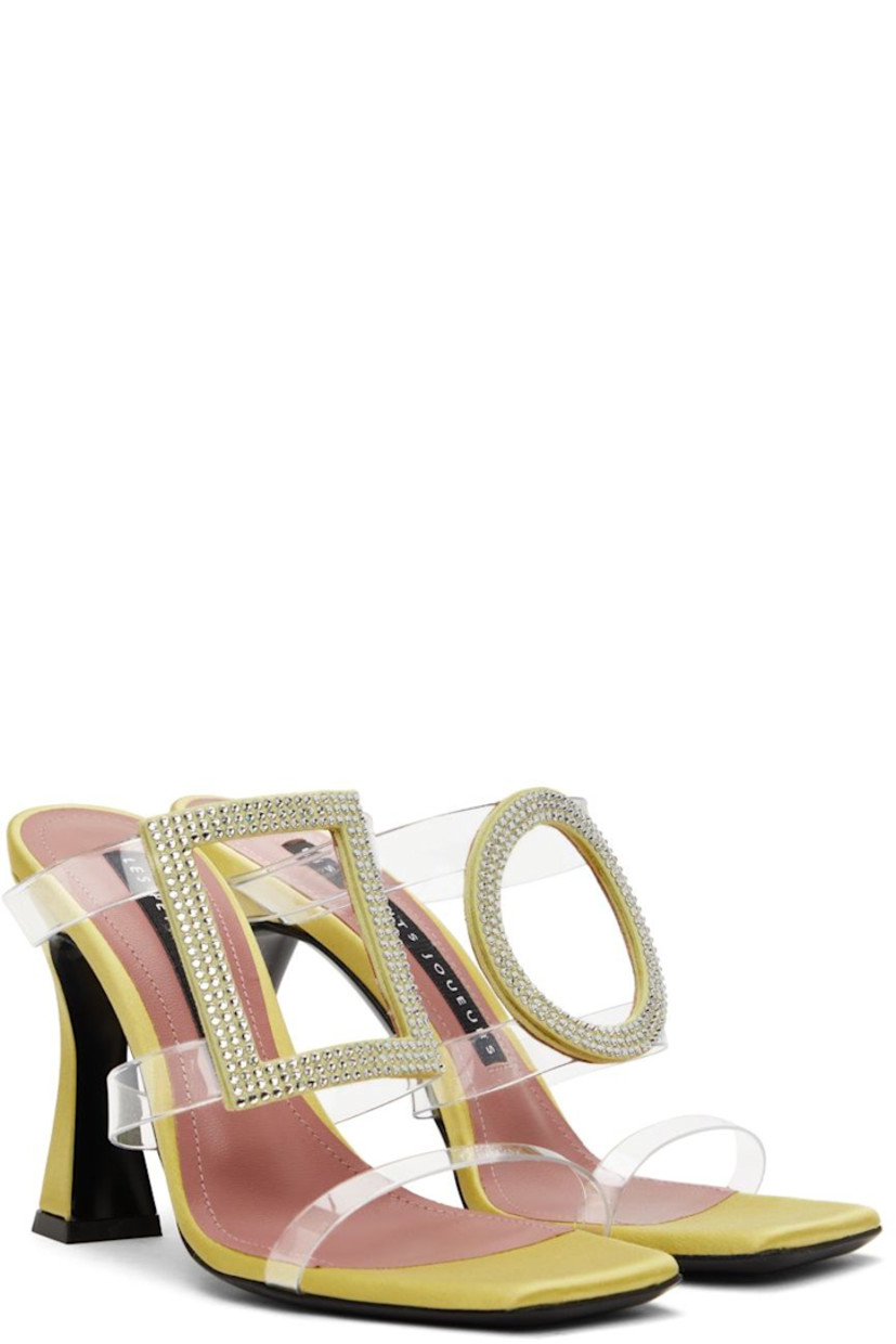 Satin slip-on heeled sandals in green.

· Open square toe
· Transparent PVC straps
· Crystal-cut accents at vamp
· Logo patch at grained sheepskin footbed
· Covered stiletto heel with rubber injection
· Buffed calfskin sole
· Heel: H4 in

Supplier color: Lime