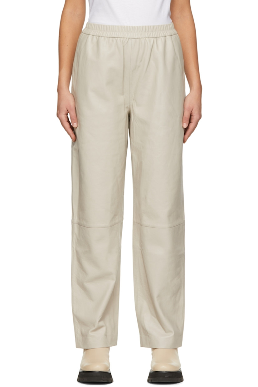 Grained chrome-free lambskin pants.

· Elasticized waistband
· Two-pocket styling

Supplier color: Stone