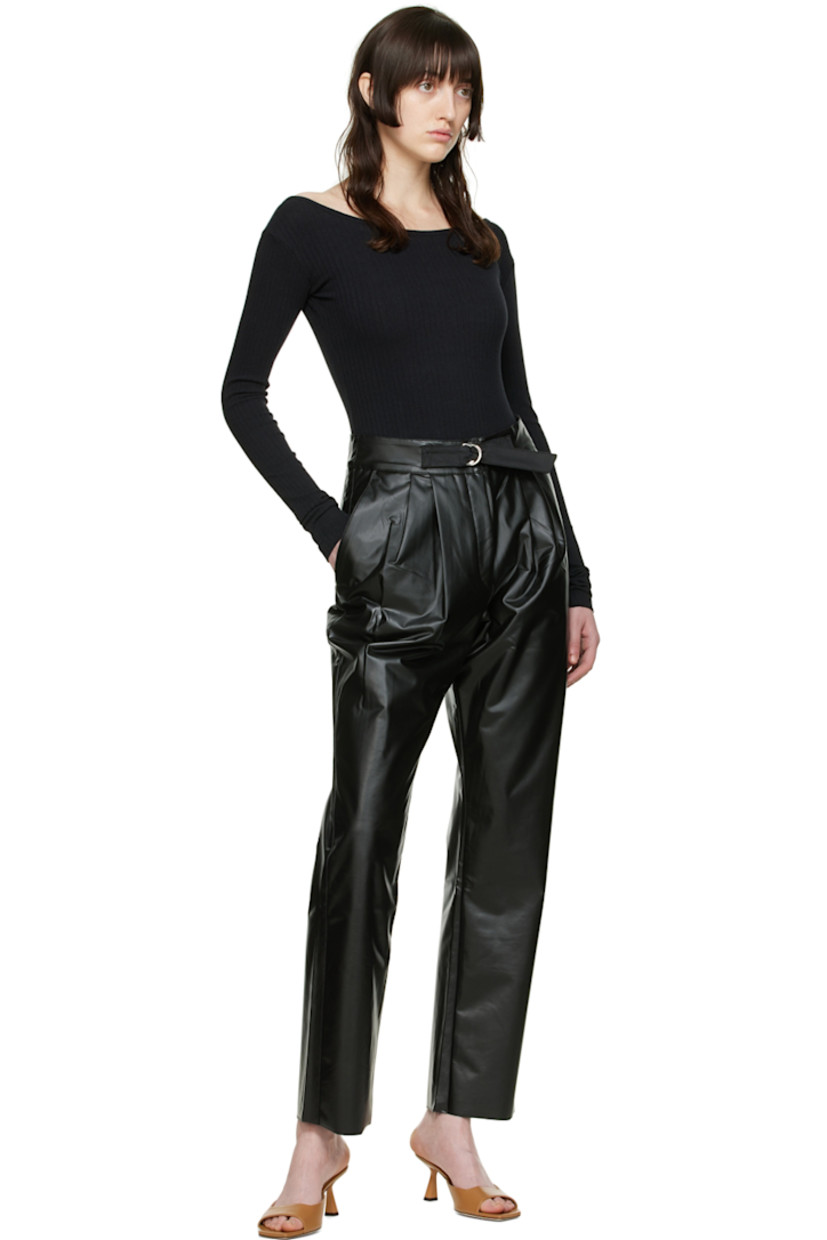 Faux-leather trousers.

· High-rise
· Pleats and integrated cinch belt at waistband
· Zip-fly
· Four-pocket styling
· Partially lined

Supplier color: Black