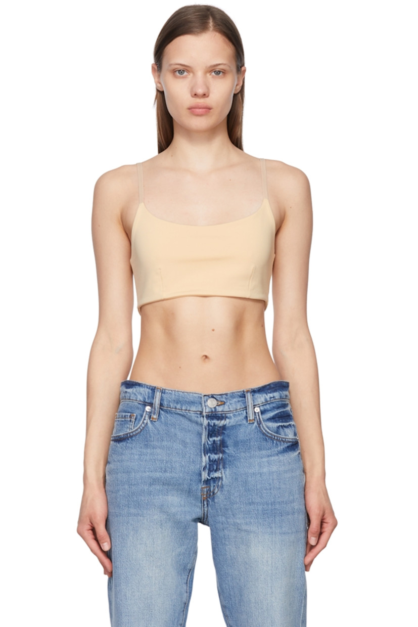 Stretch recycled nylon jersey tank top. 

· Scoop neck 
· Darts at front
· Adjustable shoulder straps

Supplier color: Beige