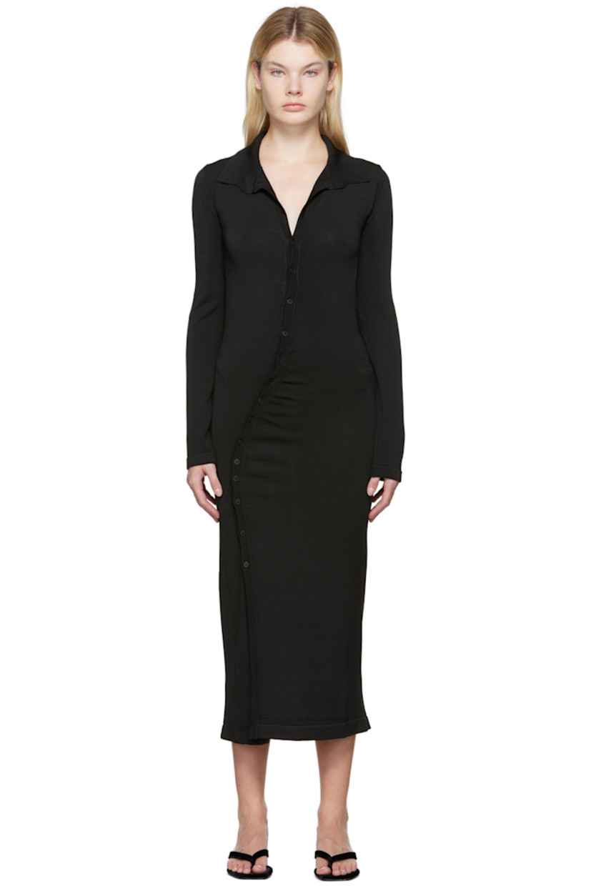 Viscose-blend jersey dress. 

· Spread collar
· V-neck
· Asymmetrical button closure
· Gathering at front 
· Vent at front hem 
· Unlined 

Supplier color: Black