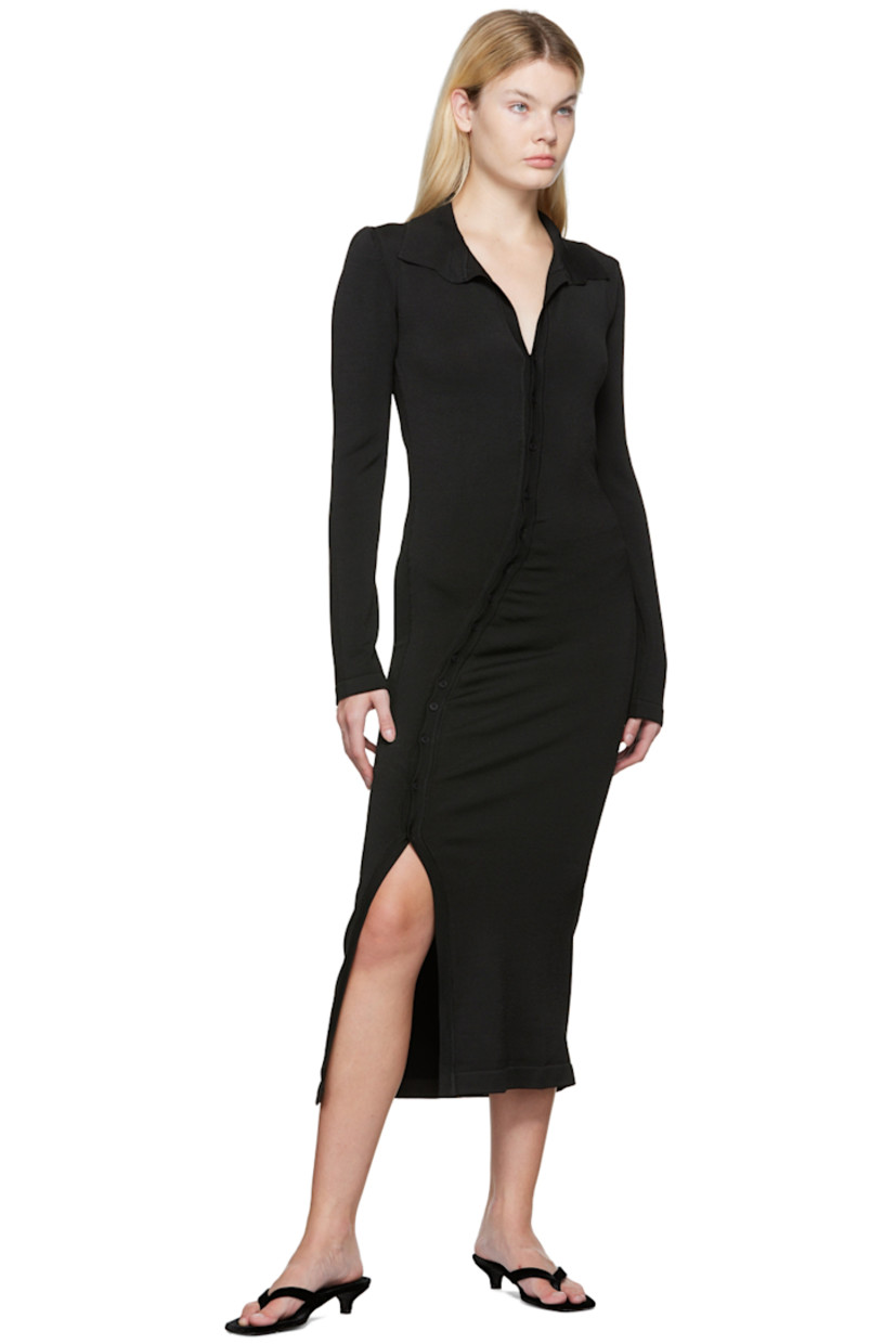 Viscose-blend jersey dress. 

· Spread collar
· V-neck
· Asymmetrical button closure
· Gathering at front 
· Vent at front hem 
· Unlined 

Supplier color: Black