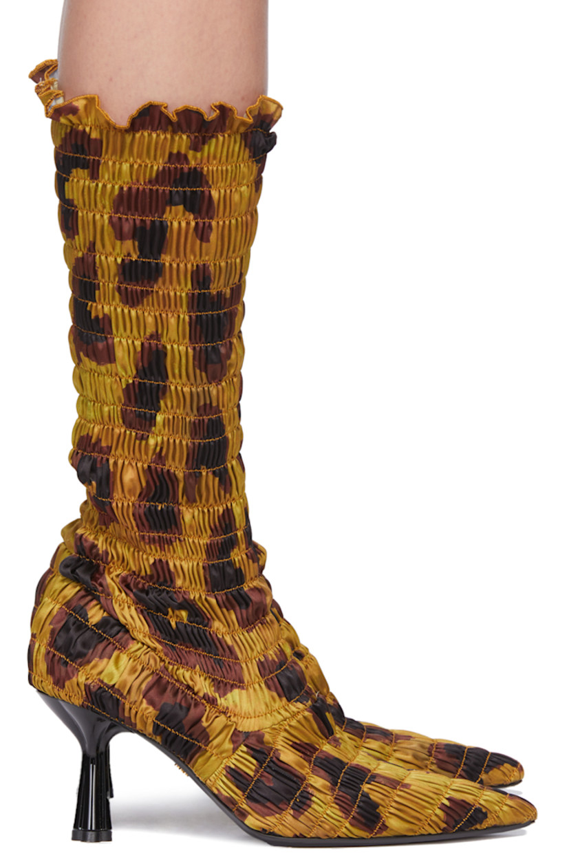 Calf-high shirred stretch twill slip-on boots in black featuring graphic pattern in tones of tan and brown.

· Pointed toe
· Covered kitten heel
· Heel: 2 in 

Supplier color: Gold