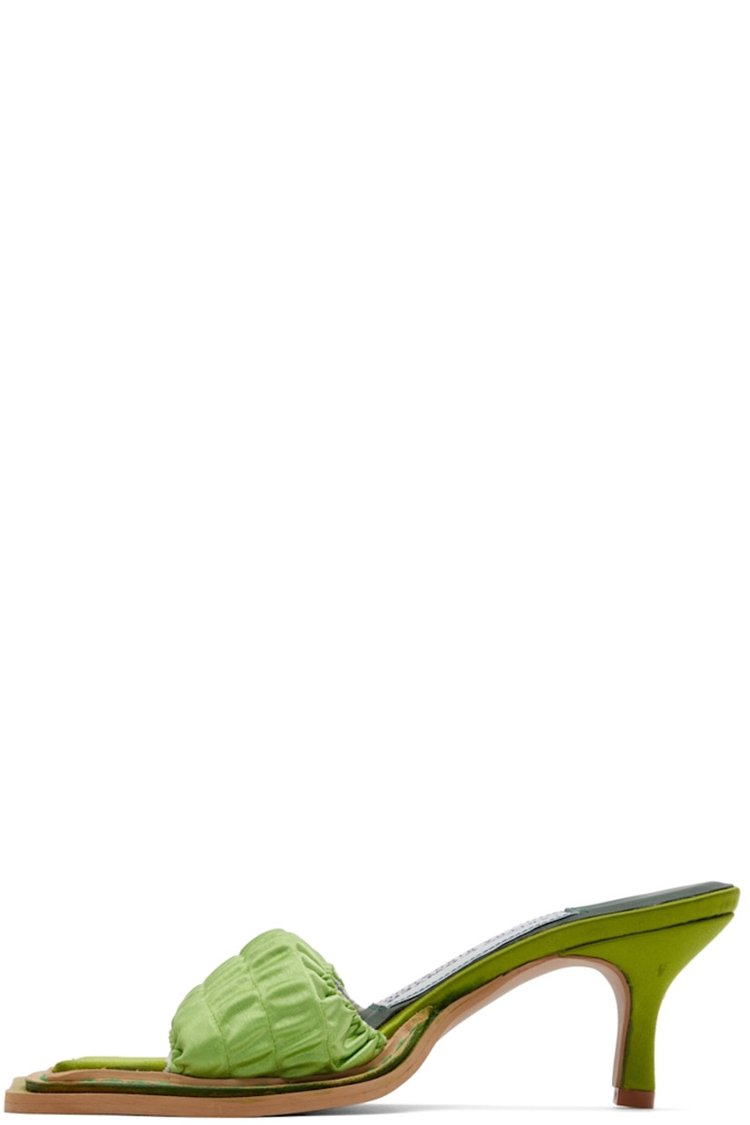 Buffed leather heels in green.

· Square toe
· Ruched satin strap in pink at vamp
· Satin-covered  kitten heel
· Heel: 2.5 in  

Part of the Sinéad O'Dwyer x Tabitha Ringwood collaboration.

Supplier color: Pear green