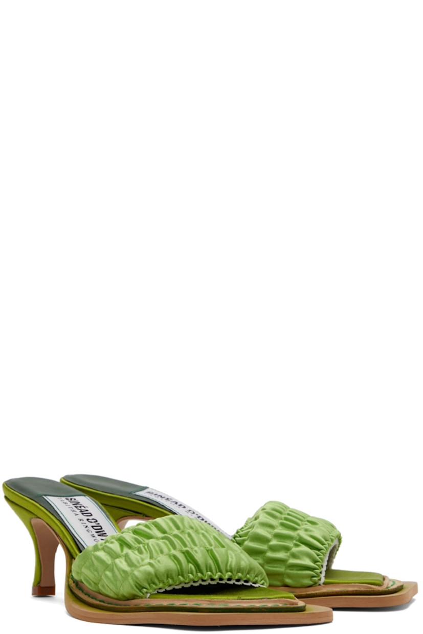 Buffed leather heels in green.

· Square toe
· Ruched satin strap in pink at vamp
· Satin-covered  kitten heel
· Heel: 2.5 in  

Part of the Sinéad O'Dwyer x Tabitha Ringwood collaboration.

Supplier color: Pear green