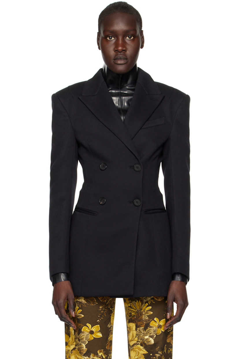 Cotton and nylon-blend jersey blazer. 

· Peaked lapel
· Double-breasted button closure
· Twin darts at front
· Welt pockets
· Padded shoulders
· Four-button surgeon's cuffs
· Central vent at back hem
· Full cotton-blend satin lining

Supplier color: Black