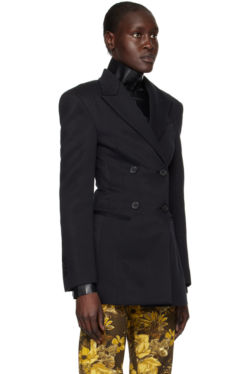 Cotton and nylon-blend jersey blazer. 

· Peaked lapel
· Double-breasted button closure
· Twin darts at front
· Welt pockets
· Padded shoulders
· Four-button surgeon's cuffs
· Central vent at back hem
· Full cotton-blend satin lining

Supplier color: Black