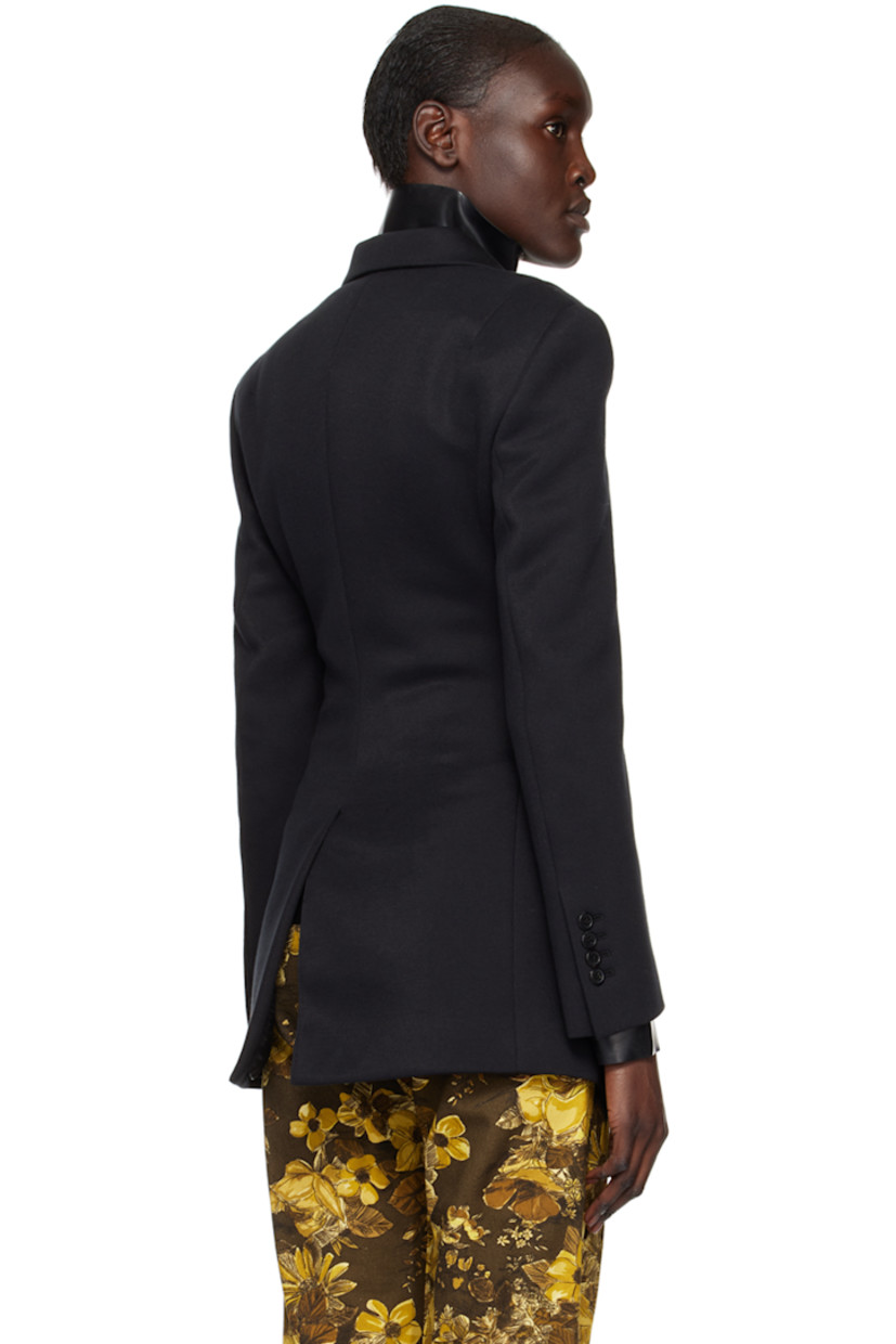 Cotton and nylon-blend jersey blazer. 

· Peaked lapel
· Double-breasted button closure
· Twin darts at front
· Welt pockets
· Padded shoulders
· Four-button surgeon's cuffs
· Central vent at back hem
· Full cotton-blend satin lining

Supplier color: Black