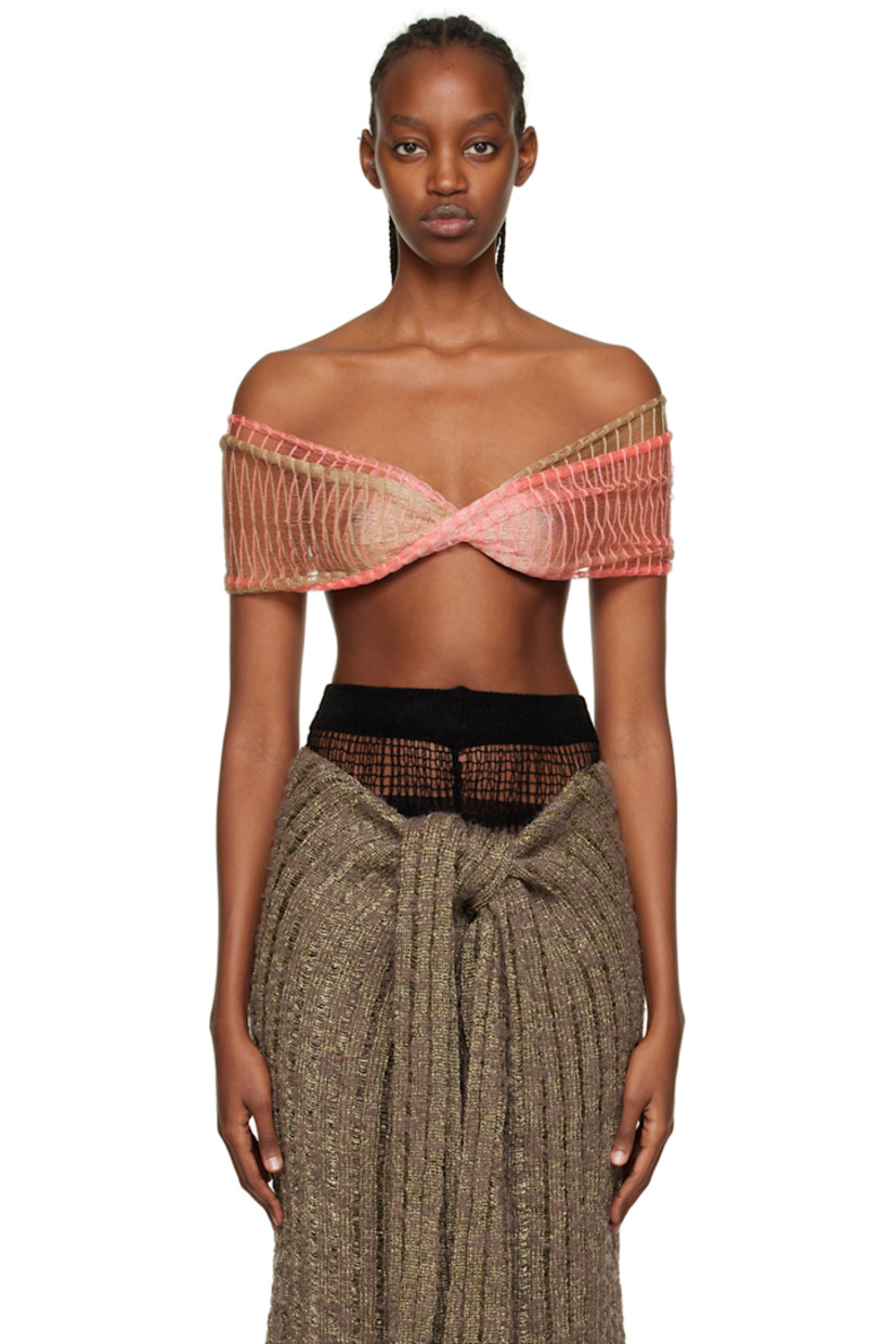 Semi-sheer knit viscose and polyester-blend camisole. Laddering throughout. 

· Off-the-shoulder and layered construction
· Twisted detailing at front and back 

Supplier color: Pink/Beige