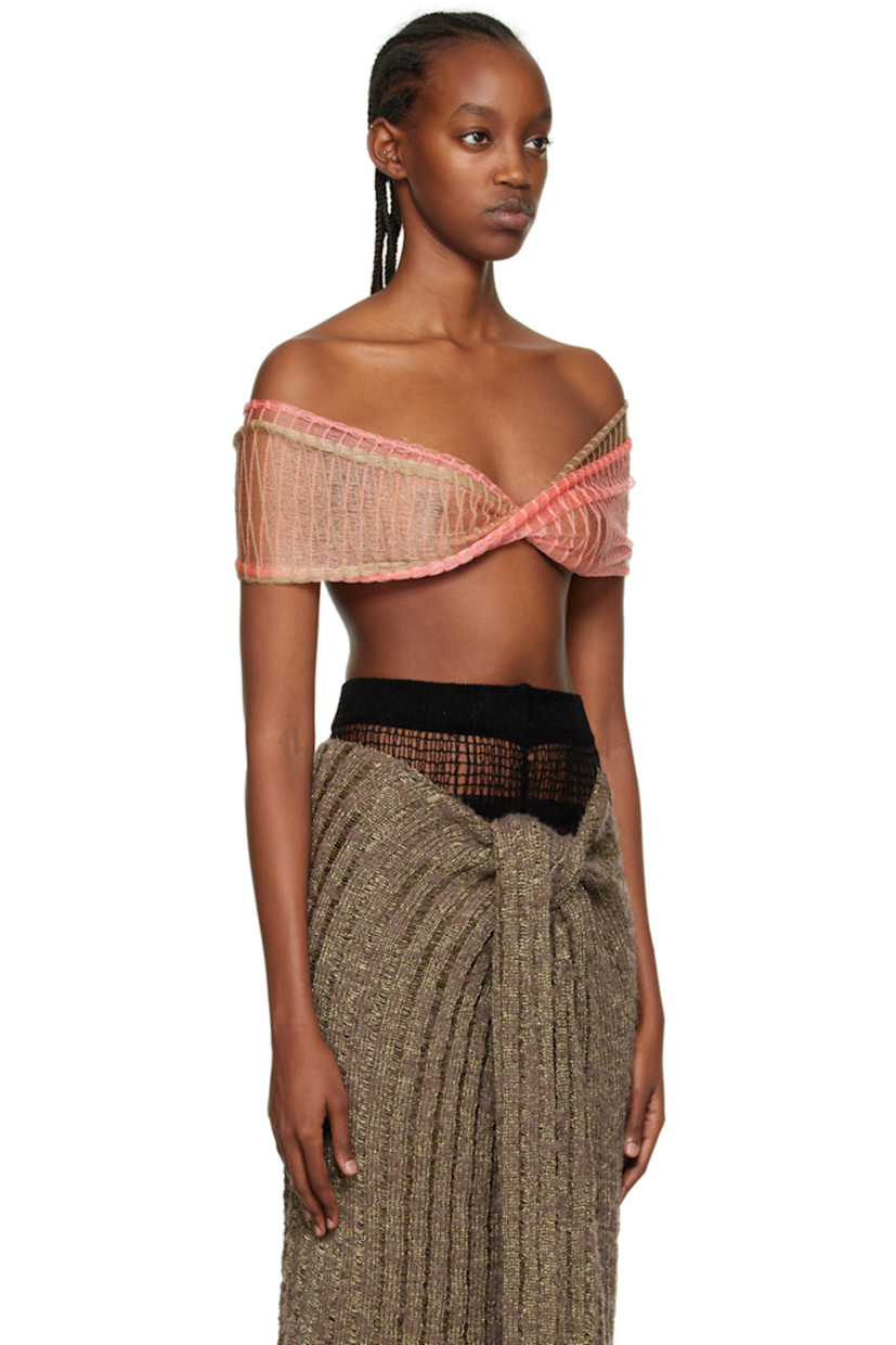 Semi-sheer knit viscose and polyester-blend camisole. Laddering throughout. 

· Off-the-shoulder and layered construction
· Twisted detailing at front and back 

Supplier color: Pink/Beige