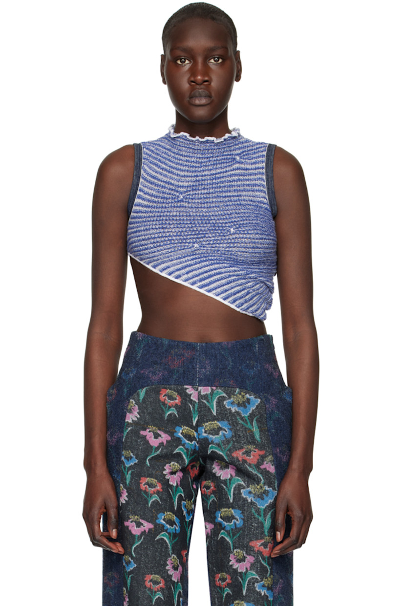 Knit mohair-blend turtleneck vest. Shirring and gathering throughout.

· Asymmetric construction
· Lettuce edge turtleneck and hem
· Non-stretch denim armscyes

Available exclusively at SSENSE.

Supplier color: Blue