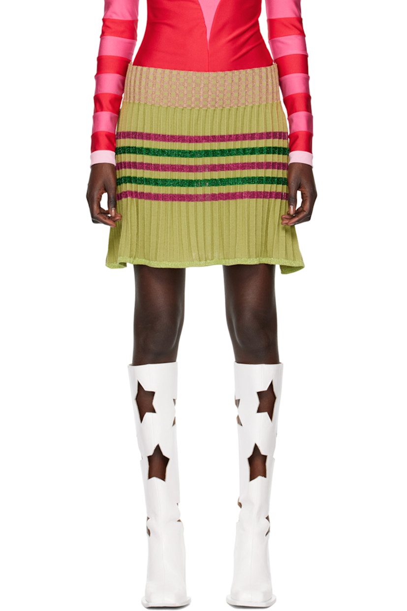 Garment-pleated knit merino wool-blend skirt. Metallic thread detailing and stripes throughout.

· Rib knit waistband and flared hem
· Unlined

Available exclusively at SSENSE.

Supplier color: Mint/Green