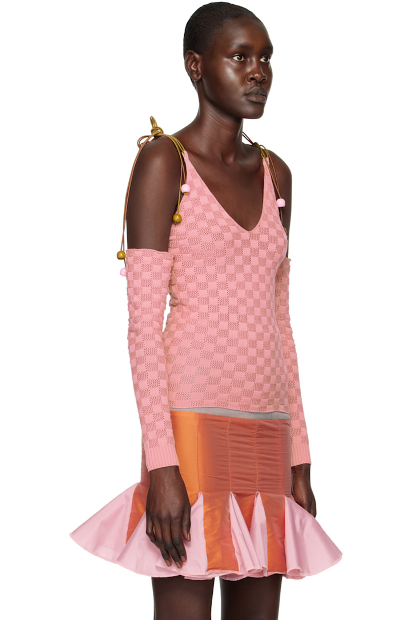 Knit Lenzing™ viscose-blend shirt. Check pattern throughout. 

· Off-the-shoulder construction 
· Beaded self-tie halter strap 
· V-neck 
· Beaded self-tie strap at shoulders 
· Rib knit cuffs 

Available exclusively at SSENSE. 

Supplier color: Pink