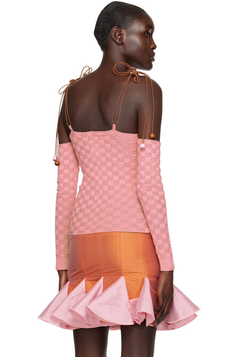 Knit Lenzing™ viscose-blend shirt. Check pattern throughout. 

· Off-the-shoulder construction 
· Beaded self-tie halter strap 
· V-neck 
· Beaded self-tie strap at shoulders 
· Rib knit cuffs 

Available exclusively at SSENSE. 

Supplier color: Pink