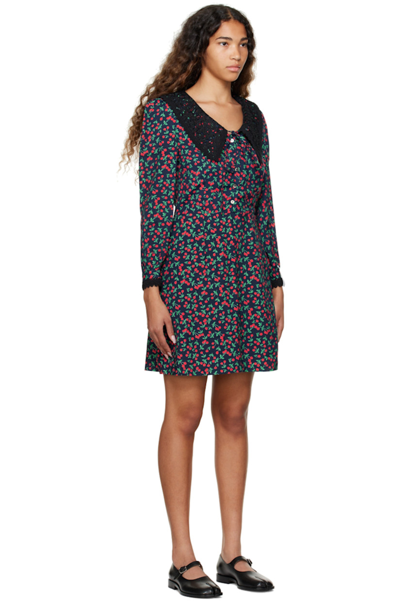 Plain-woven viscose dress. Graphic pattern throughout. 

· Peter Pan collar
· Five-button placket
· Lace detailing at cuffs and collar 
· Self-tie fastening at collar
· Single-button barrel cuffs
· Zip closure at outseam
· Full polyester crêpe lining

Supplier color: Navy/Cherry