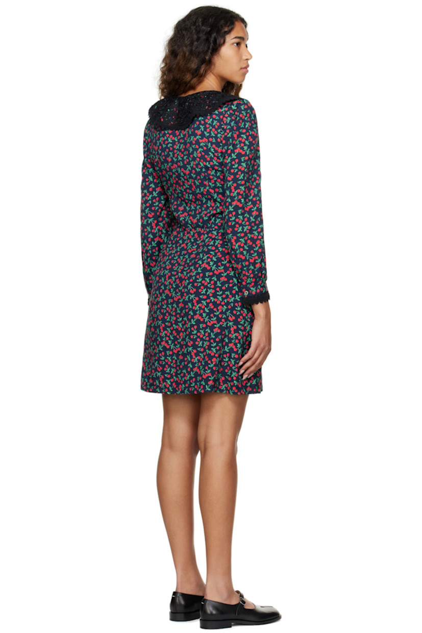 Plain-woven viscose dress. Graphic pattern throughout. 

· Peter Pan collar
· Five-button placket
· Lace detailing at cuffs and collar 
· Self-tie fastening at collar
· Single-button barrel cuffs
· Zip closure at outseam
· Full polyester crêpe lining

Supplier color: Navy/Cherry