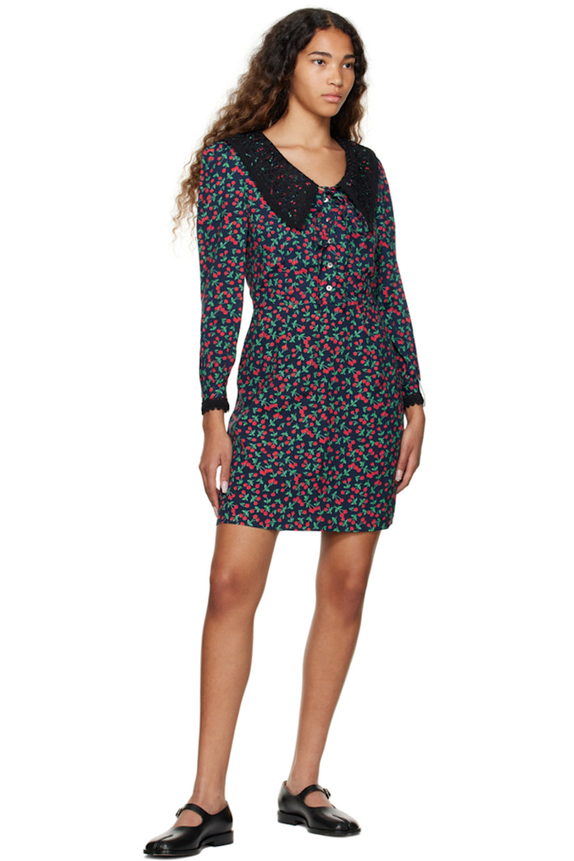 Plain-woven viscose dress. Graphic pattern throughout. 

· Peter Pan collar
· Five-button placket
· Lace detailing at cuffs and collar 
· Self-tie fastening at collar
· Single-button barrel cuffs
· Zip closure at outseam
· Full polyester crêpe lining

Supplier color: Navy/Cherry