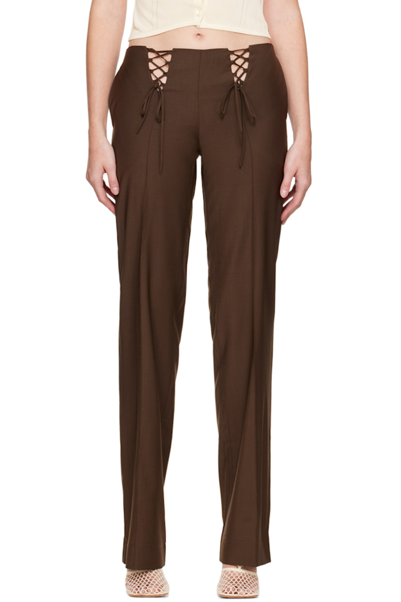 Plain-woven wool-blend trousers.

· Lace-up detailing at front waistband
· Three-pocket styling 
· Pinched seams at front legs
· Zip closure at outseam 

Supplier color: Chocolate