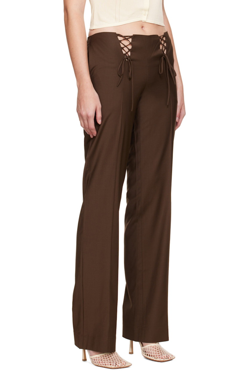 Plain-woven wool-blend trousers.

· Lace-up detailing at front waistband
· Three-pocket styling 
· Pinched seams at front legs
· Zip closure at outseam 

Supplier color: Chocolate