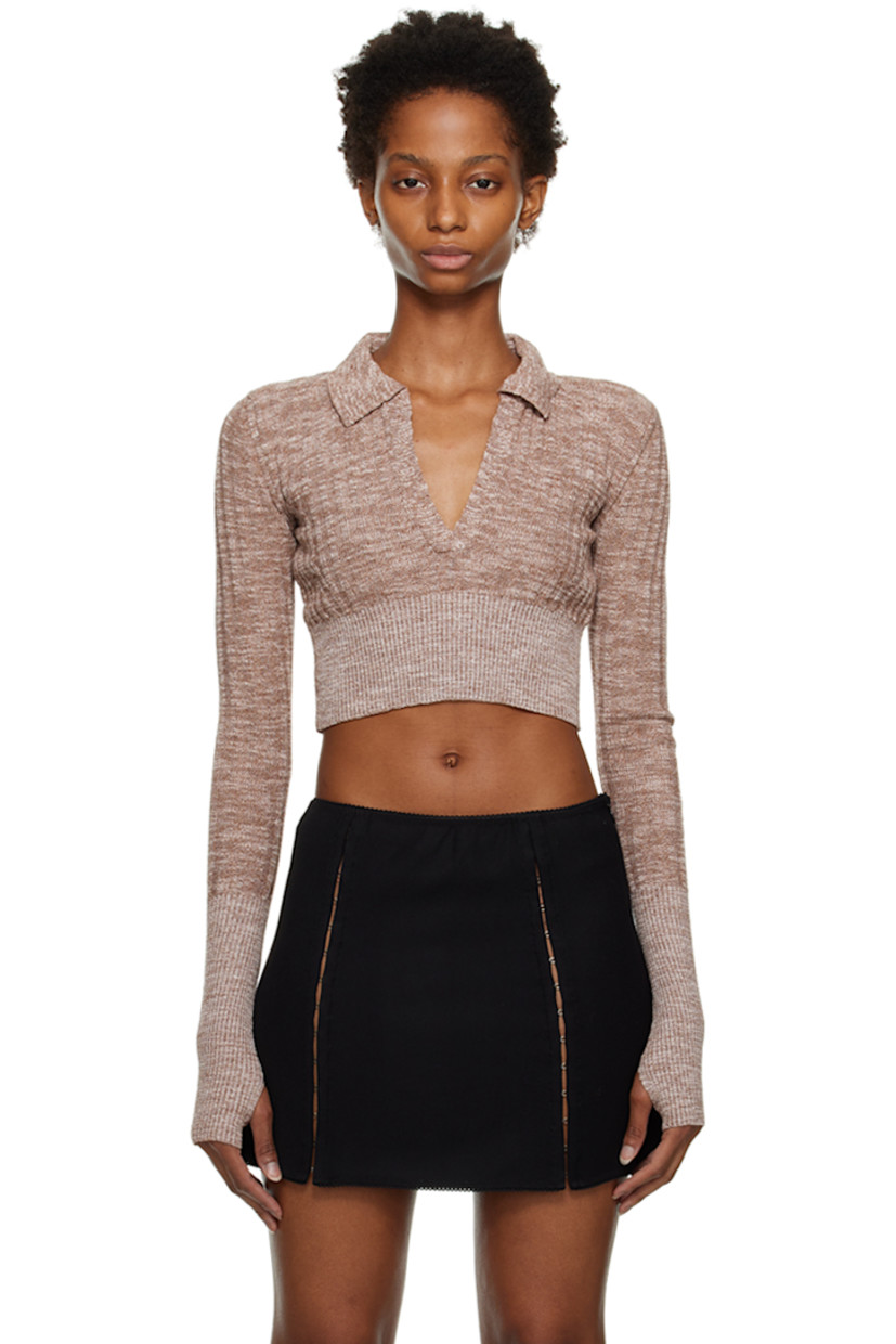 Reverse rib knit cotton-blend polo. 

· Spread collar at V-neck
· Rib knit hem and cuffs

Supplier color: Brown