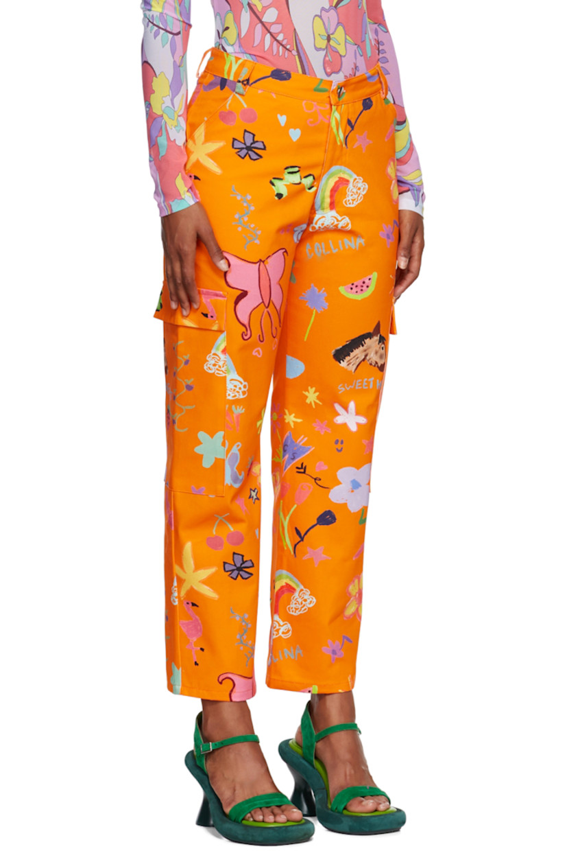 Non-stretch denim jeans. Graphic pattern printed throughout.

· Mid-rise 
· Belt loops 
· Four-pocket styling 
· Flap pockets at outseams 

Available exclusively at SSENSE.

Supplier color: Orange doodle