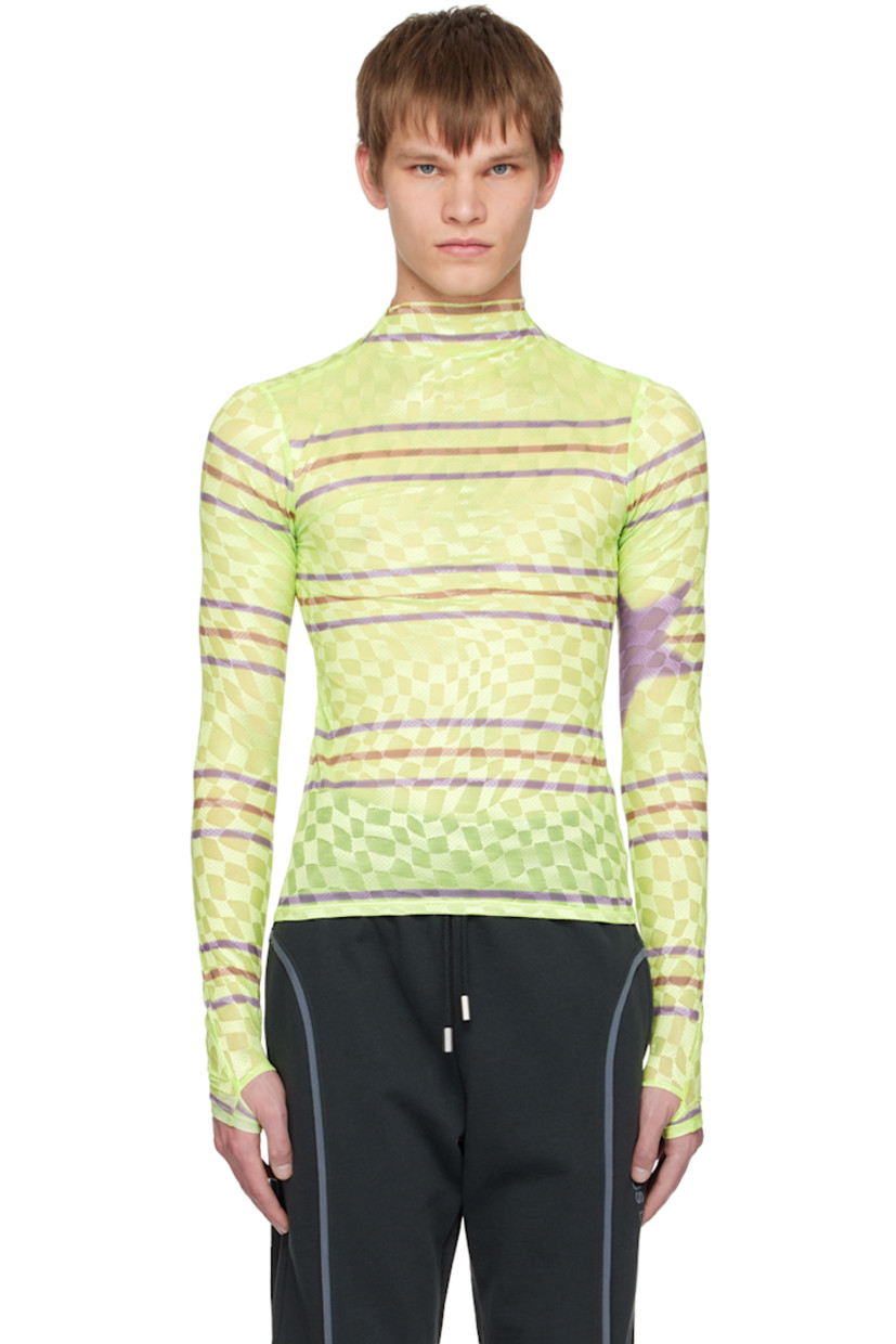Deadstock stretch polyester lace turtleneck. Stripes printed throughout. 

· Raw edge at collar 
· Thumbhole at cuffs 
· Graphic printed at back 

Supplier color: Lime stripe star