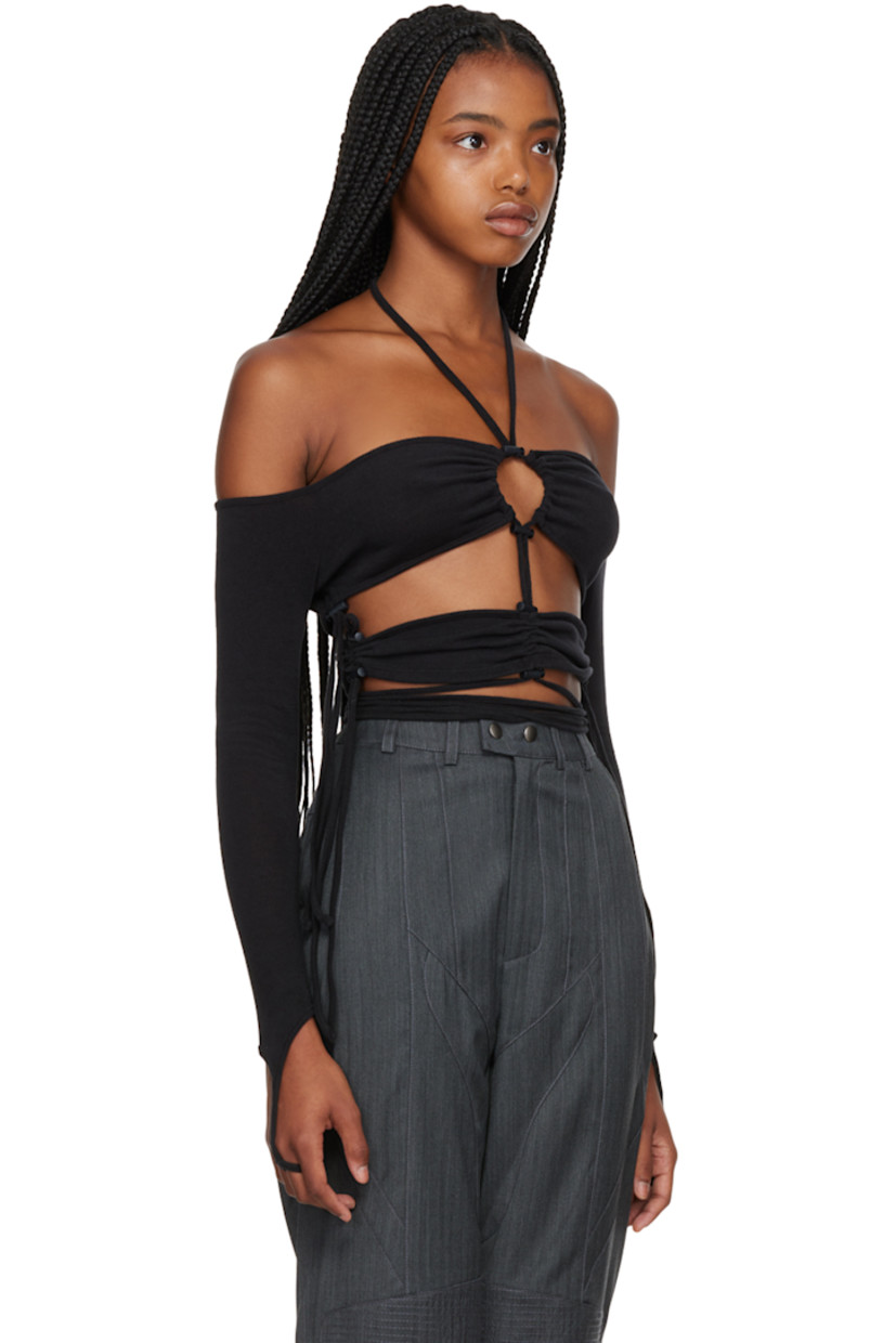 Brushed stretch cotton and polyester-blend jersey off-the-shoulder T-shirt. Bungee-style drawstrings throughout. 

· Self-tie halter straps 
· Ruching and cutout at chest 
· Wraparound self-tie straps
· Finger loop at cuffs

Supplier color: Black
