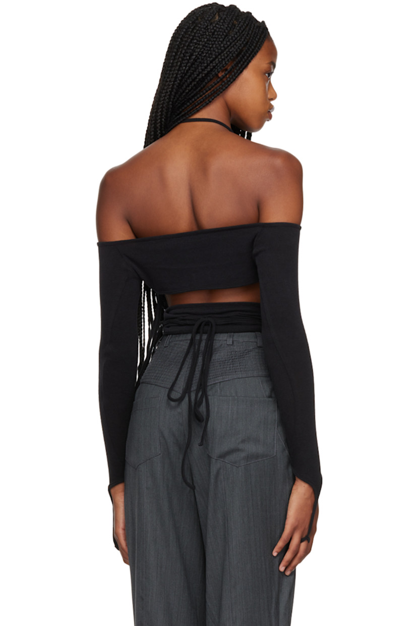 Brushed stretch cotton and polyester-blend jersey off-the-shoulder T-shirt. Bungee-style drawstrings throughout. 

· Self-tie halter straps 
· Ruching and cutout at chest 
· Wraparound self-tie straps
· Finger loop at cuffs

Supplier color: Black