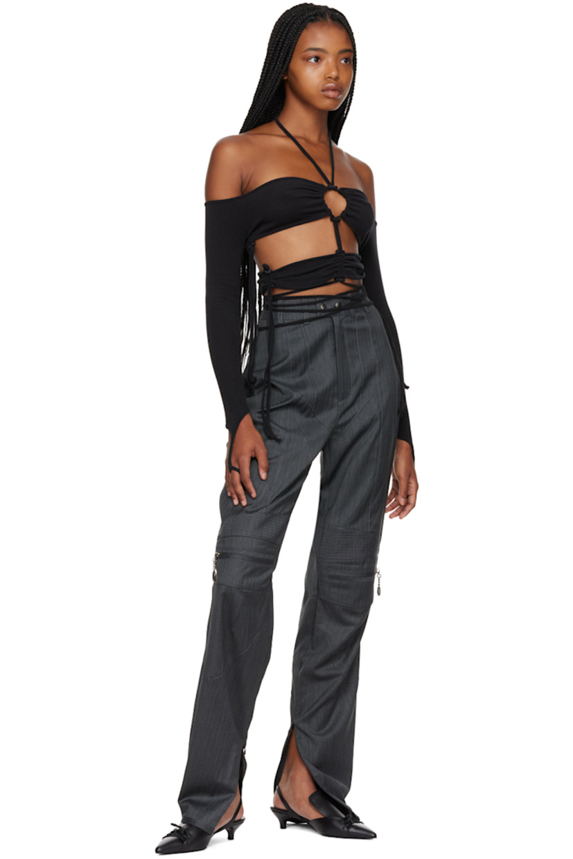 Brushed stretch cotton and polyester-blend jersey off-the-shoulder T-shirt. Bungee-style drawstrings throughout. 

· Self-tie halter straps 
· Ruching and cutout at chest 
· Wraparound self-tie straps
· Finger loop at cuffs

Supplier color: Black