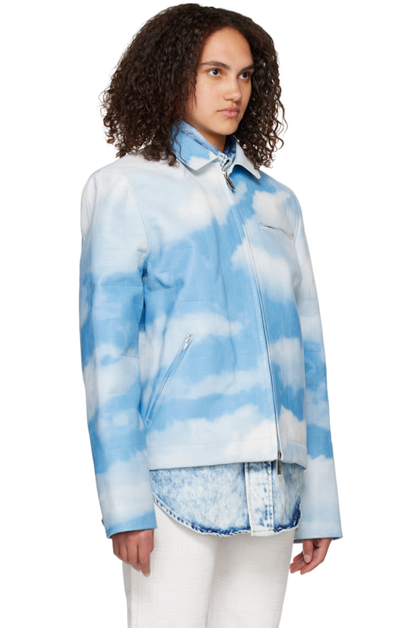 Grained calfskin jacket. Graphic pattern embossed and printed throughout.

· Spread collar
· Two-way zip closure
· Zip pockets
· Press-stud fastening at cuffs
· Adjustable press-stud tabs at back hem
· Zip pocket at interior

Supplier color: Sky