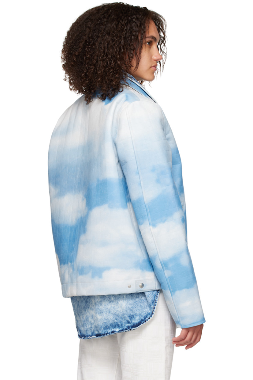 Grained calfskin jacket. Graphic pattern embossed and printed throughout.

· Spread collar
· Two-way zip closure
· Zip pockets
· Press-stud fastening at cuffs
· Adjustable press-stud tabs at back hem
· Zip pocket at interior

Supplier color: Sky