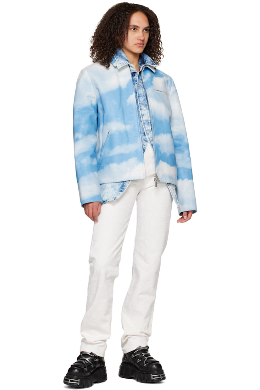 Grained calfskin jacket. Graphic pattern embossed and printed throughout.

· Spread collar
· Two-way zip closure
· Zip pockets
· Press-stud fastening at cuffs
· Adjustable press-stud tabs at back hem
· Zip pocket at interior

Supplier color: Sky