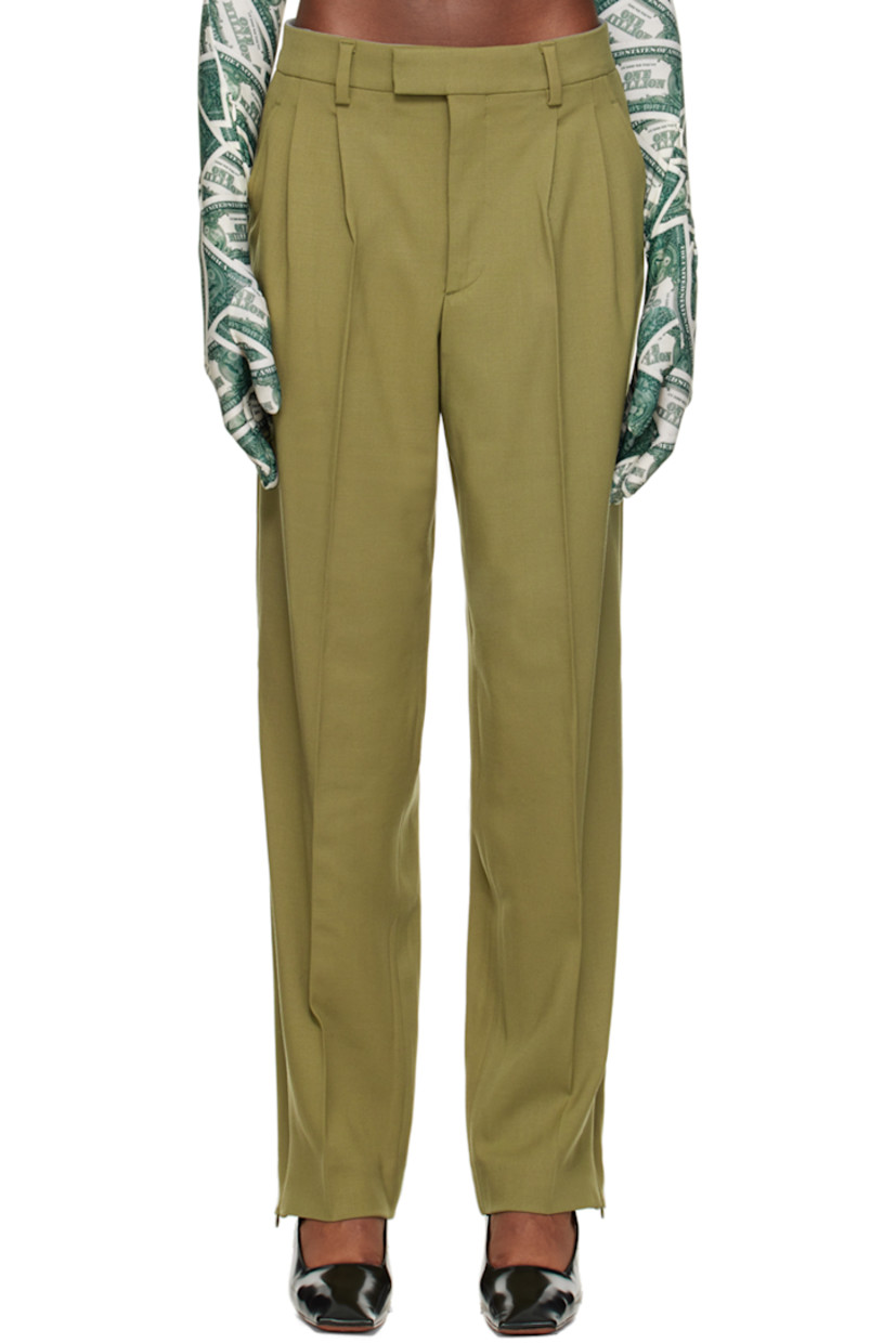 Stretch virgin wool twill trousers. 

· Belt loops
· Hook-eye fastening at waistband 
· Four-pocket styling 
· Zip-fly 
· Pleats at front 
· Zip vent at cuffs 
· Partial viscose sateen lining 

Supplier color: Khaki