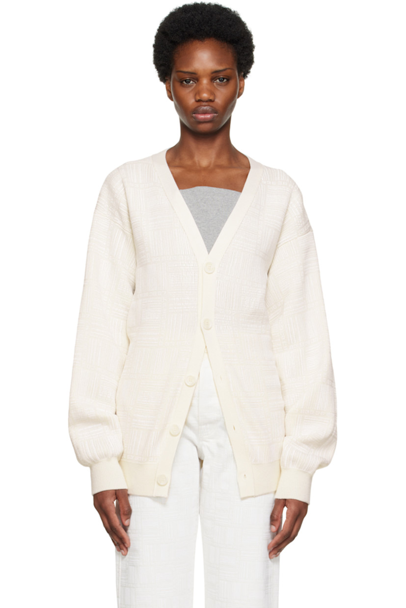 Knit merino wool cardigan. Logo pattern printed throughout. 

· Rib knit Y-neck, hem, and cuffs
· Button closure

Supplier color: White
