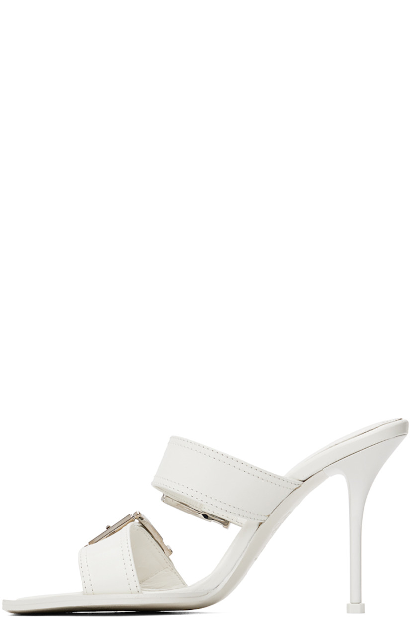 Buffed calfskin slip-on heeled sandals in white.

· Open square toe
· Adjustable pin-buckle straps at vamp
· Logo embossed at padded footbed
· Stiletto heel with rubber injection
· Leather outsole
· Heel: H4.25 in

Supplier color: New ivory/Silver