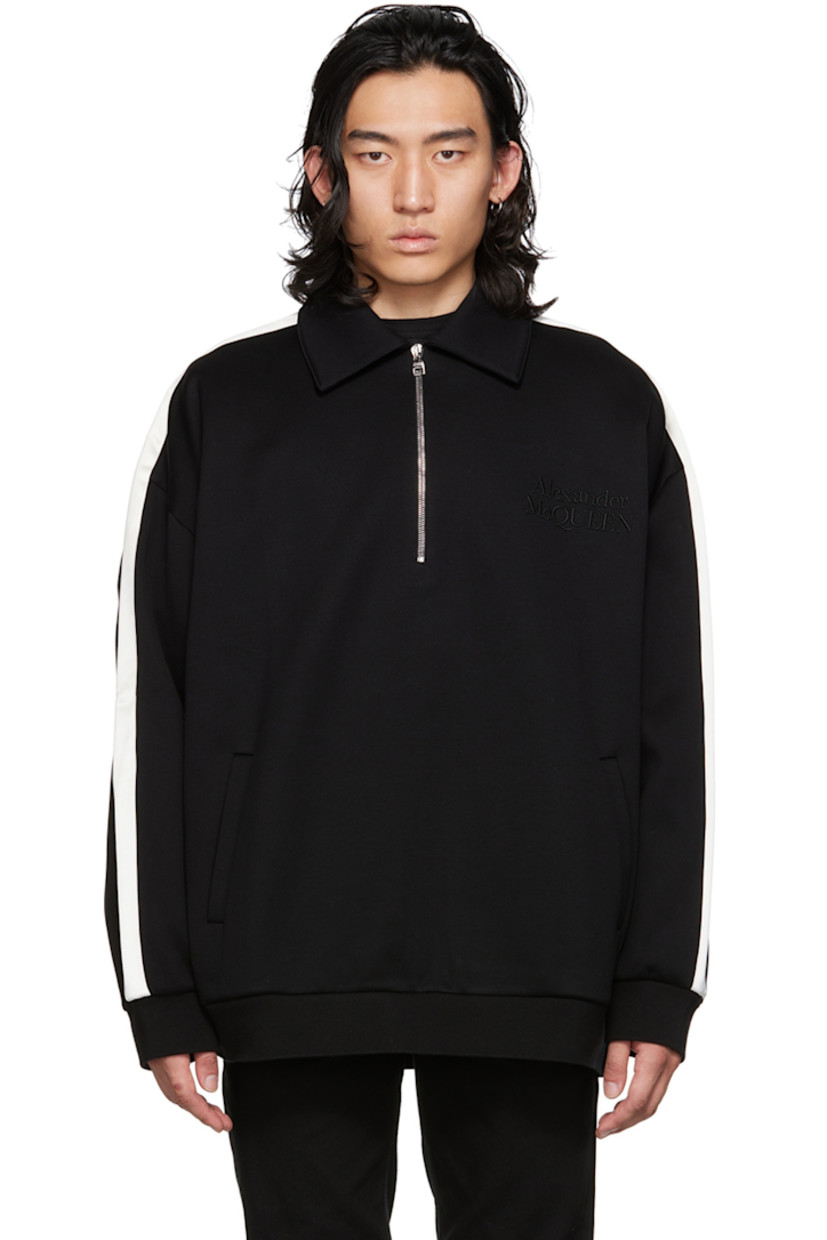 Double-faced jersey sweatshirt.

· Spread collar
· Half-zip closure 
· Logo embroidered at chest 
· Welt pockets 
· Satin trim at sleeves 
· Rib knit cuffs and hem 

Supplier color: Black/Black