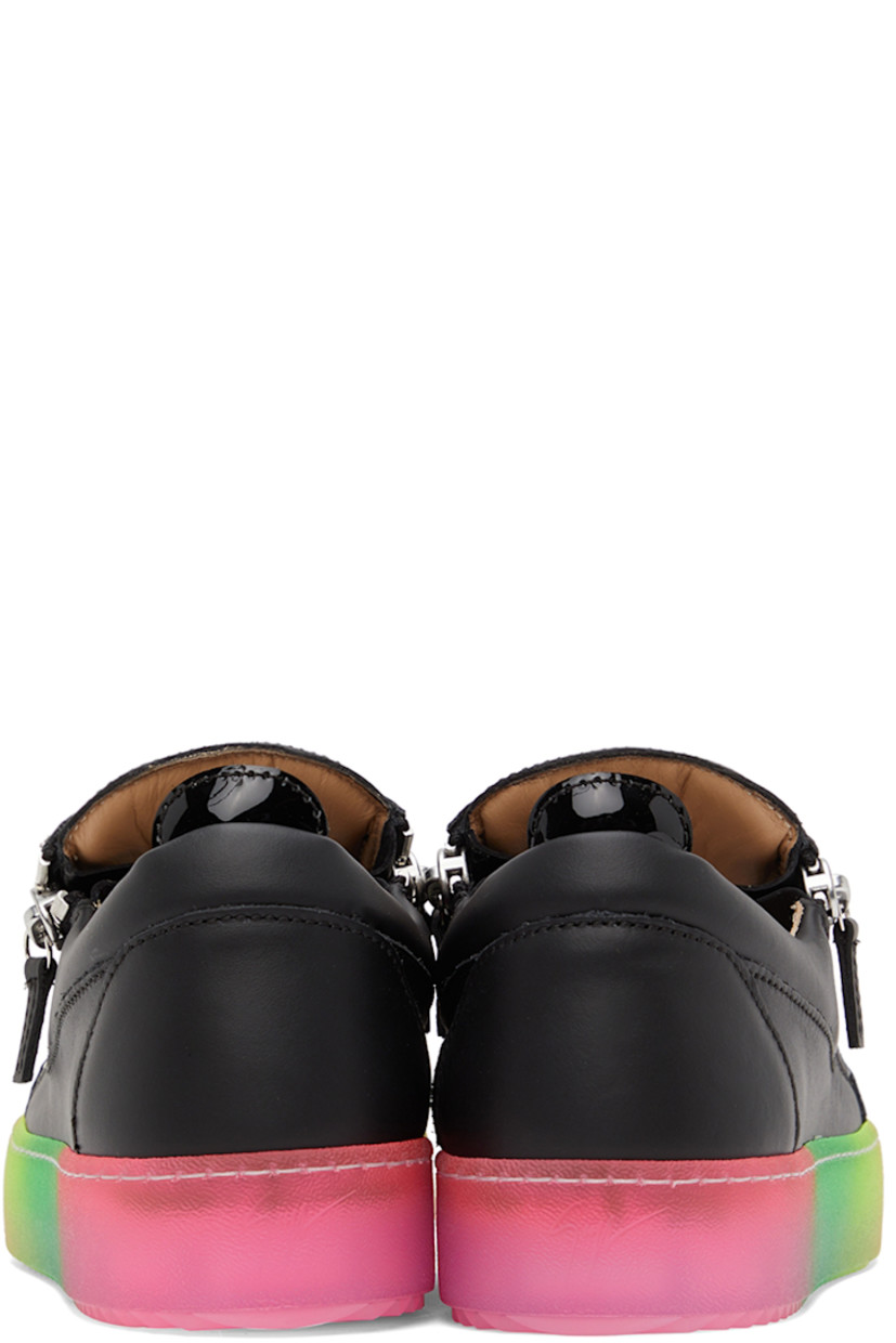 Low-top buffed leather sneakers in black.

· Lace-up closure
· Logo hardware at padded tongue
· Padded heel collar
· Zip fastening at sides
· Stitching in white at welt 
· Buffed leather lining
· Treaded transparent rubber sole in multicolor

Supplier color: Vague black